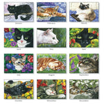 The 2025 Calendar Cat's Meow by MyHomeDecor.ca showcases Irina Garmashova-Cawton's enchanting illustrations, each month featuring a different cat amid seasonal backgrounds. January highlights a black cat on a branch, February features an orange tabby sleeping, March presents a Siamese cat, April displays a black and white cat with flowers, May exhibits a white cat in greenery, June shows a black cat peeking, and July captures an adorable orange and white kitten.