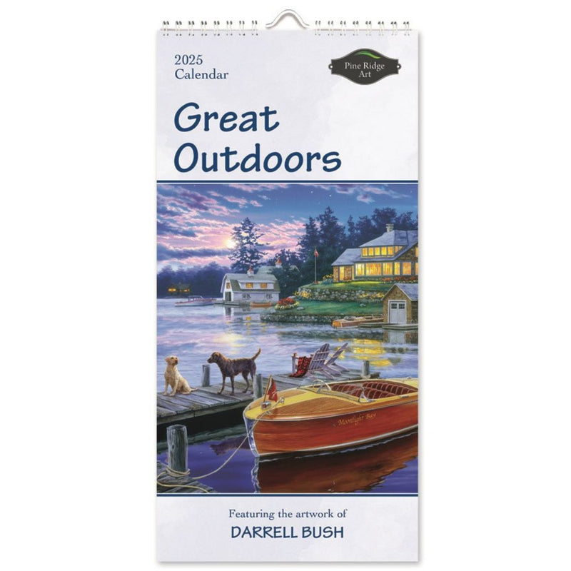 Front cover of the "2025 Calendar Great Outdoors" by MyHomeDecor.ca, showcasing Darrell Bush's artwork. The serene lakeside evening scene with two dogs, a dock, boats, and a brightly lit lakeside house surrounded by trees captures the essence of nature perfectly.