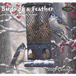 2025 Calendar titled "Birds of a Feather" by MyHomeDecor.ca, featuring Abraham Hunter's artwork. The cover illustration depicts two small birds perched on a snow-covered tree branch next to a bird feeder, with red berries in the background.