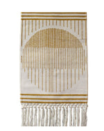 The Hanging Tapestry - Ivory & Orange by MyHomeDecor.ca, featuring a large semicircle pattern created by vertical golden threads on a white cotton background. Horizontal golden stripes border the top and bottom, while white tassels fringe the lower edge, adding a touch of vintage decorative style.