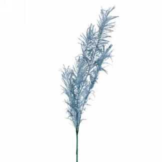 A single, slender teal graminae stem with delicate, feathery fronds extending from a green stem, set against a plain white background. Measuring 34 inches tall, its overall appearance is airy and light with a gentle, natural curve in the structure. This exquisite piece is brought to you by MyHomeDecor.ca.