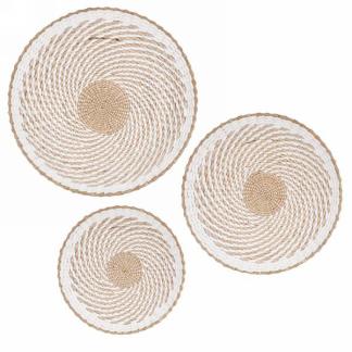 Three round, woven baskets of varying sizes are displayed against a white background. Each basket features a spiral pattern of beige and white woven material, creating a uniform, aesthetically pleasing design. This MyHomeDecor.ca Waved Wall Decor - White and Natural appears handmade and decorative.