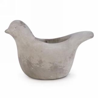 A simple, light grey ceramic planter shaped like a bird. The design features minimal details, creating a smooth and sleek look. Measuring 4.5 x 9.5 x 6 inches, the bird's body serves as the container with an opening on top for plants or other contents. This is the large bird pot - grey by MyHomeDecor.ca.