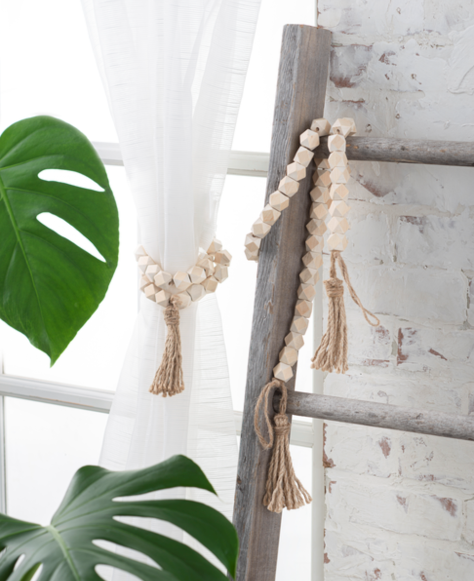 Carved Angle Wood Beaded Garland with Tassel