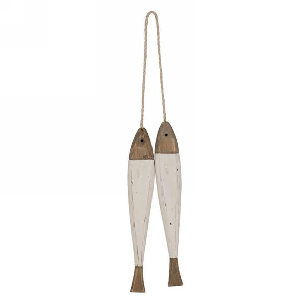 A nautical-themed hanging decoration featuring two elongated, ivory fish. The fish are painted white with natural wood at the head and tail. They are connected by a rope loop at the top for easy hanging. This item is called "Two hanging fish - Ivory & natural" by MyHomeDecor.ca.