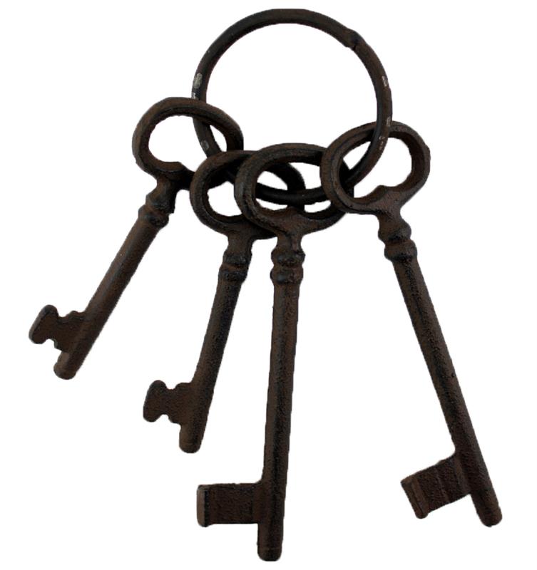 A set of four Cast Iron Keys on Ring - Black/Brown from MyHomeDecor.ca is attached to a circular keyring. The cast iron keys have intricate designs and are positioned in a fan-like arrangement, perfect for rustic decor.