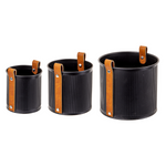 Three black, cylindrical, ribbed planters of increasing size from left to right, each featuring a brown leather strap handle with metal rivets attached vertically along the side. The **Mini Planter with Leather Handle - Black - Small** by **MyHomeDecor.ca** is placed on a white background.