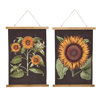 Two stunning wall decor pieces. The left features three sunflowers with leaves on a black background. The right showcases a close-up of a single large sunflower on the same backdrop. Both have wooden frames and white cords for hanging, bringing vibrant rolled canvas beauty to your space. Sunflower Rolled Canvas Wall Decor - 3 Sunflowers by MyHomeDecor.ca would make an excellent addition to any room!