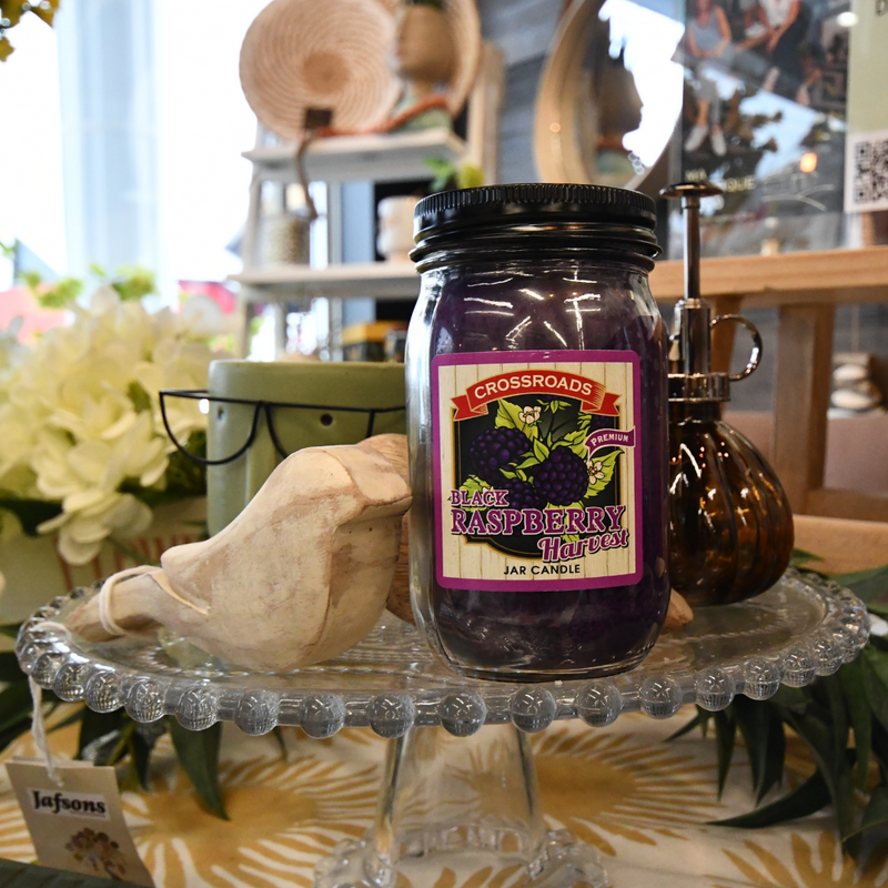A decorative display featuring a Candle Jar Black Raspberry - Purple by MyHomeDecor.ca on a glass pedestal stand. Surrounding the scented candle are a ceramic bird figure, a small plant in a face-shaped pot, a brown mister, and various decor items. The setting is indoors.