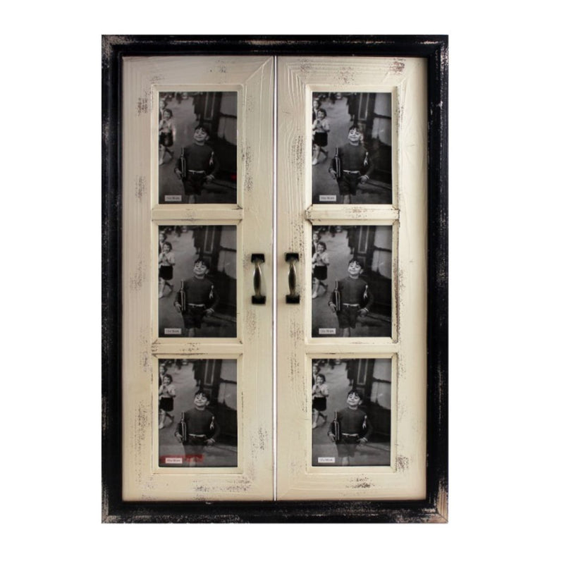 Introducing the Double Door Distressed Frame by MyHomeDecor.ca: a beautifully curated framed photo collage with six sections, each showcasing a black-and-white image of individuals. This 19.68 x 1.18 x 27.95-inch frame boasts a rustic aesthetic, complete with a white interior and dark outer border. Two centrally positioned handles give it a charming window-like appearance, making it an elegant addition to any room.