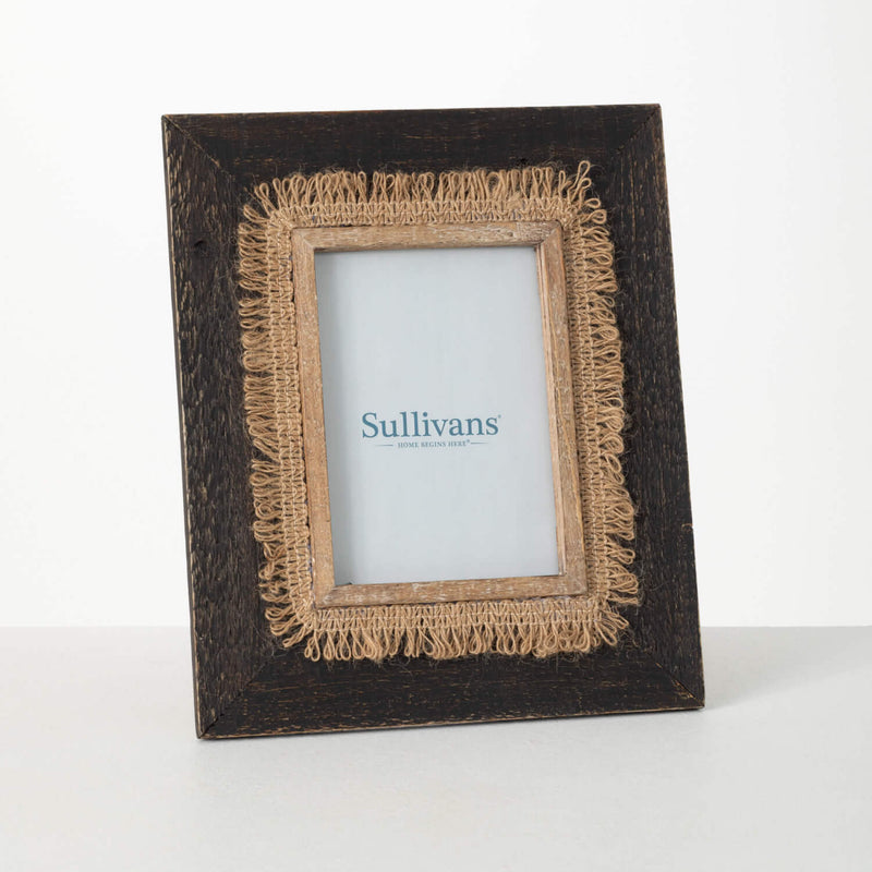 A rustic Photo Frame - Rattan Detail with a dark brown wood border and a decorative natural jute fiber accent around the inner edge. The frame holds a placeholder insert with the text "MyHomeDecor.ca" and is displayed against a plain white background.