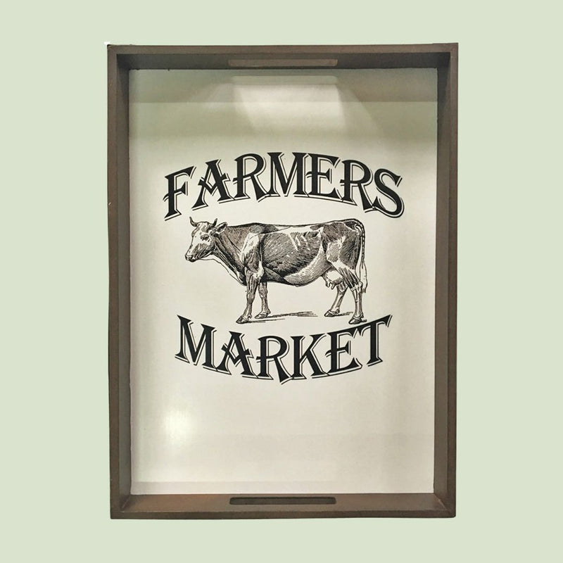 Vintage Farmers Market sign with rustic wooden frame and cow illustration, perfect for farmhouse-style kitchen decor.