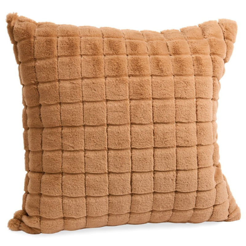 Luxurious caramel-colored faux rabbit fur cushion with square tufted design, ideal for elegant room decor. High-resolution image showcasing plush texture and rich hue to complement any home style.” This description incorporates relevant keywords that could help improve the search engine ranking for customers looking for cozy and stylish home accessories.