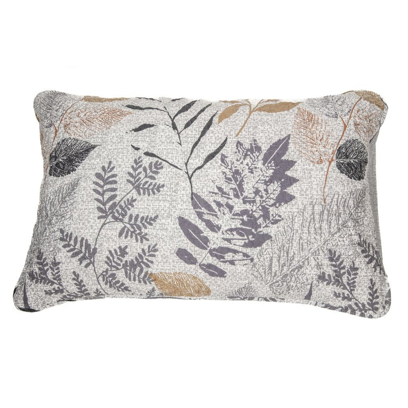 Introducing the Pillow Sham - Lena by MyHomeDecor.ca: A rectangular decorative pillow sham with a white fabric background featuring a detailed botanical pattern of various leaves in shades of purple, gray, and brown. The leaves are intricately crafted, adding a natural touch. This Queen size pillow sham is made from 100% cotton for extra comfort.