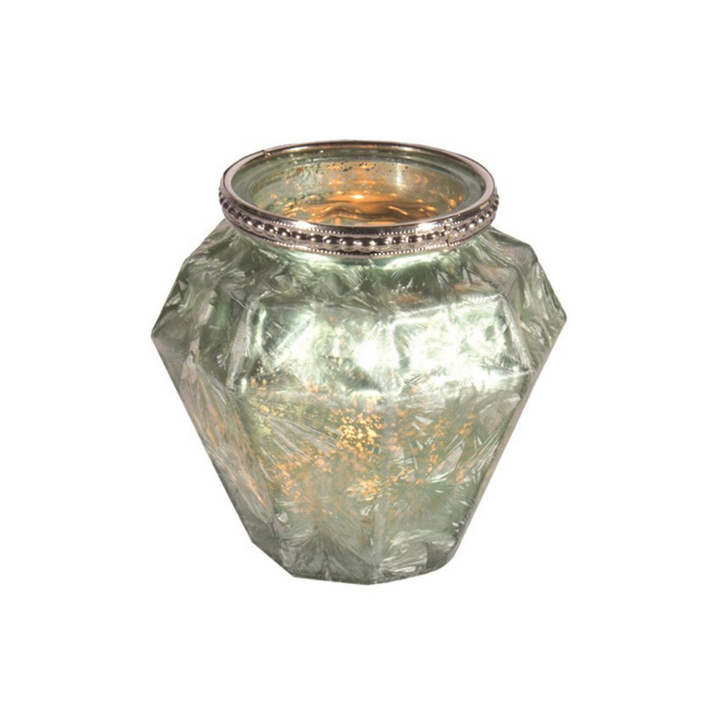 green glass light holder, tealight and candle with silver ring