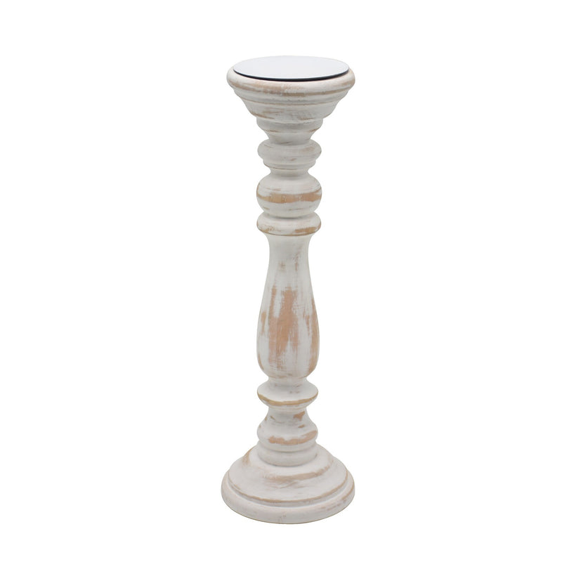 Large Round Wood Pillar Candle Holder - Antique White