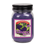 A glass candle jar labeled "MyHomeDecor.ca Candle Jar Black Raspberry - Purple." Filled with purple wax, the label showcases black raspberries and a floral accent. This scented candle has a black screw-on lid.