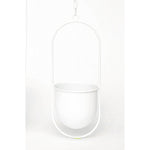 A matte white hanging planter with a rounded bottom is suspended from a chain. This Small Metal Hanging Planter - White by MyHomeDecor.ca is housed within a sleek, elongated oval frame, offering a minimalist and modern design. The background is plain white.