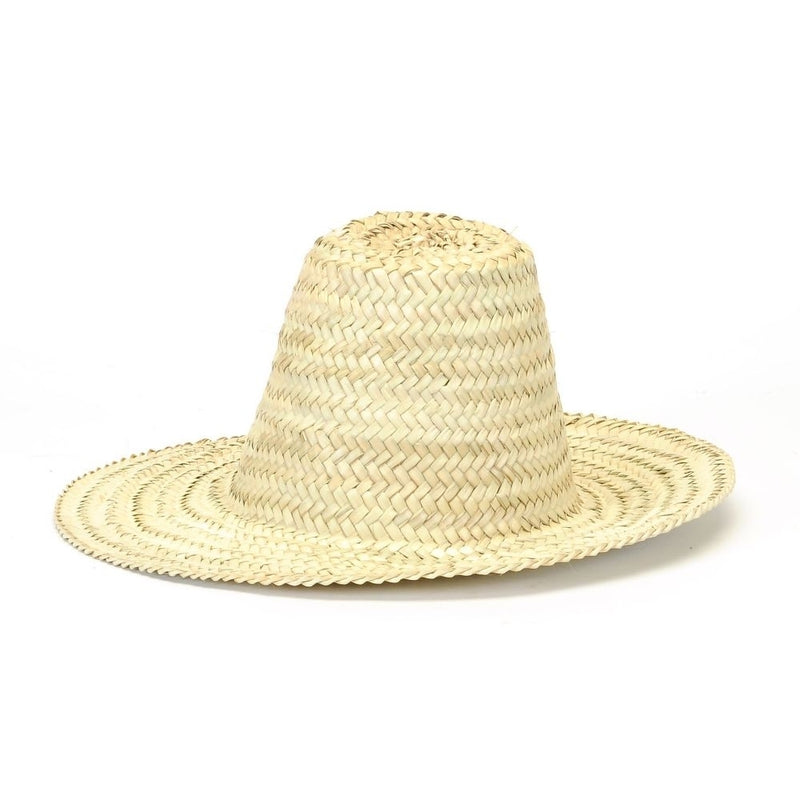 A beige, hand-woven Woven Straw Hat - Natural by MyHomeDecor.ca with a wide brim and a tall, conical crown sits against a plain white background. The hat features a natural, herringbone pattern throughout its construction.