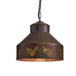 A Hanging Lamp - Pinecone from MyHomeDecor.ca, featuring a rustic hanging pendant light with a metal shade designed in a cone shape and adorned with pinecone accents. The bronze-finished shade showcases a cut-out pattern of pine cones and needles, revealing the inner light, and is suspended by a chain. The lamp has a weathered, vintage appearance.