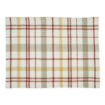 A rectangular MyHomeDecor.ca Placemat - Kingswood featuring a plaid pattern with intersecting lines in red, mustard yellow, and beige on a cream background. The textured look and soft, thick fabric add a farmhouse touch to your dining experience.