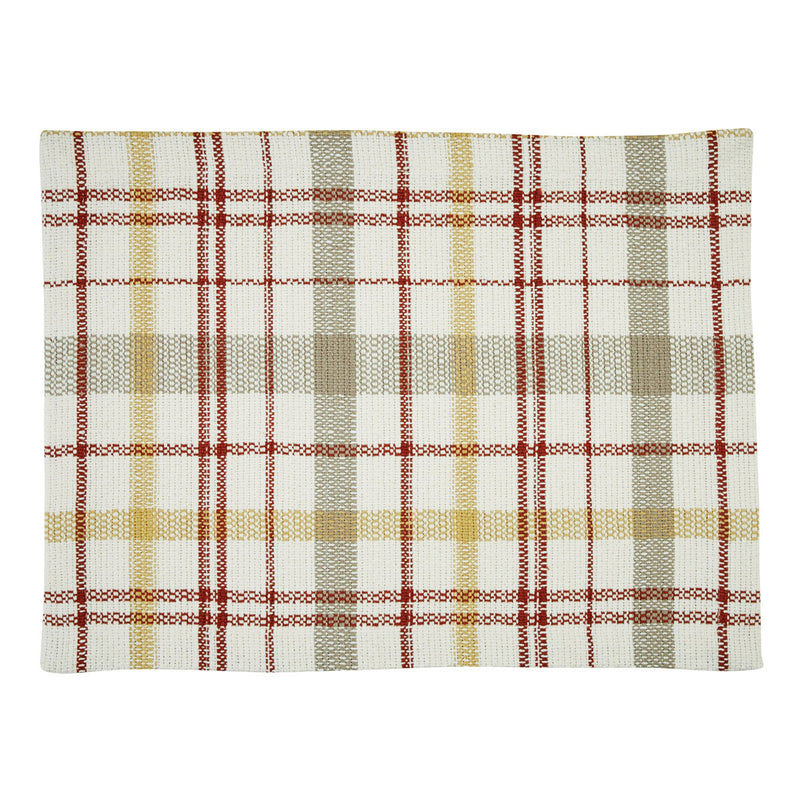 A rectangular MyHomeDecor.ca Placemat - Kingswood featuring a plaid pattern with intersecting lines in red, mustard yellow, and beige on a cream background. The textured look and soft, thick fabric add a farmhouse touch to your dining experience.