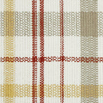 A close-up image of a plaid fabric pattern featuring intersecting lines. The pattern includes vertical and horizontal stripes in red, beige, and off-white, creating a checkered design. The Placemat - Kingswood by MyHomeDecor.ca's woven texture gives it a distinct textured look, perfect for adding a farmhouse touch.