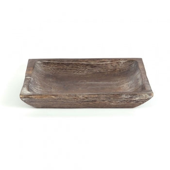 A square wood tray - brown from MyHomeDecor.ca with natural textures and a slightly worn appearance, perfect as a display piece. The tray has raised edges and a shallow interior, showcasing a rustic, handcrafted design. It blends seamlessly into any rustic décor and is placed on a white background.