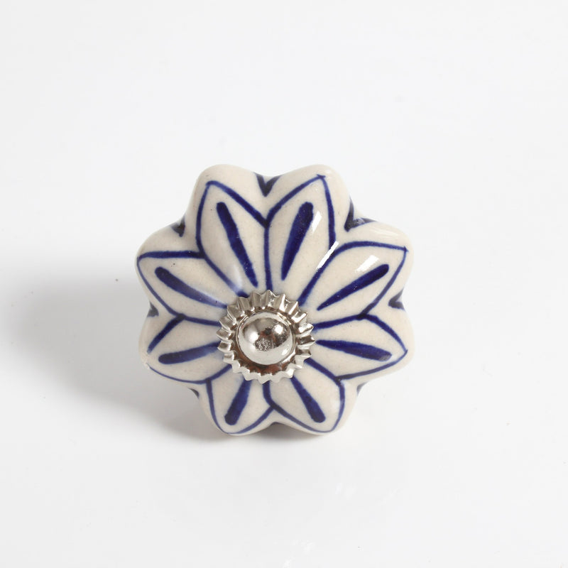 Flower Ceramic Knob - White and blue