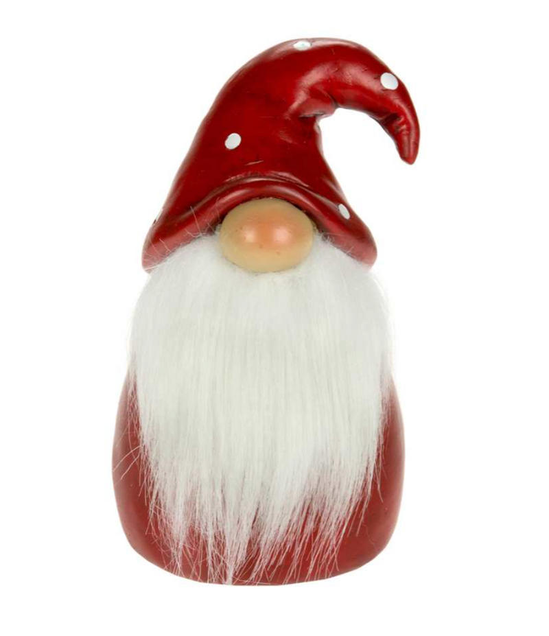 A Tiny Santa Head - Red figurine by MyHomeDecor.ca of a gnome with a red hat adorned with white polka dots, a long white beard, and a round nose. The gnome's eyes are hidden beneath the Santa head-like hat. The figure's body and hat are red, creating a whimsical and festive appearance.