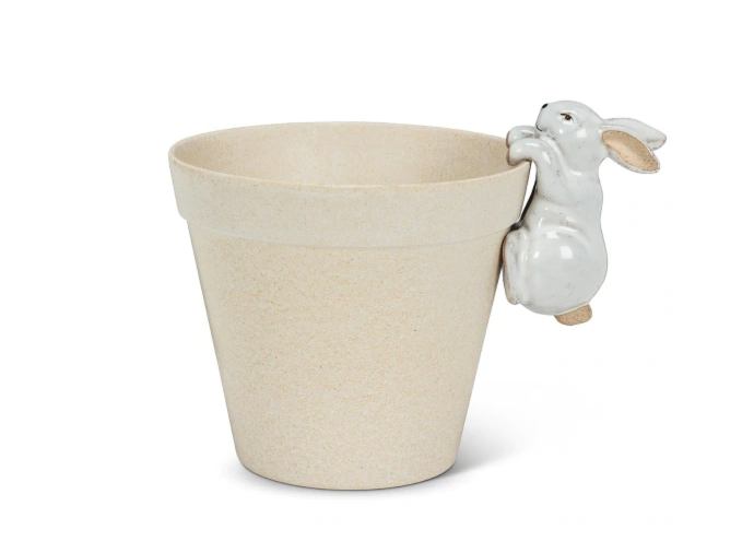 An off-white ceramic succulent planter with a small, white ceramic bunny companion figurine climbing over the rim. The bunny is attached to the pot, creating a whimsical decorative element. The background is plain white. This item is known as the Climbing Bunny Hanger - White by MyHomeDecor.ca.