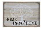 A rectangular wooden sign with a light gray wash features the phrase "HOME sweet HOME" in black and cursive lettering. Behind the text is a white silhouette of a tree with branches and leaves, adding a rustic decor and homely touch to the look. Perfect addition to your MyHomeDecor.ca Large Home Sweet Home Tray - Grey collection.