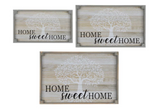 Three decorative wooden signs of varying sizes feature gray and white backgrounds with a white tree graphic and the words "Large Home Sweet Home Tray - Grey" by MyHomeDecor.ca written in black, cursive letters, perfect for rustic decor.