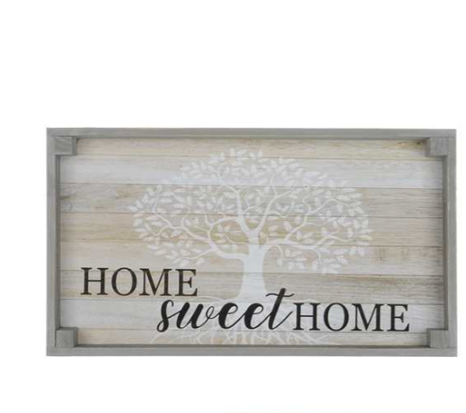 A rectangular wooden sign with a light gray frame and a whitewashed background, featuring an elegant rustic touch. In the center, there is a stylized white tree with sprawling branches. The words "HOME sweet HOME" are written in black and cursive script across the bottom, perfect as a hostess gift. This beautiful piece is known as the Small Home Sweet Home Tray - Grey by MyHomeDecor.ca.